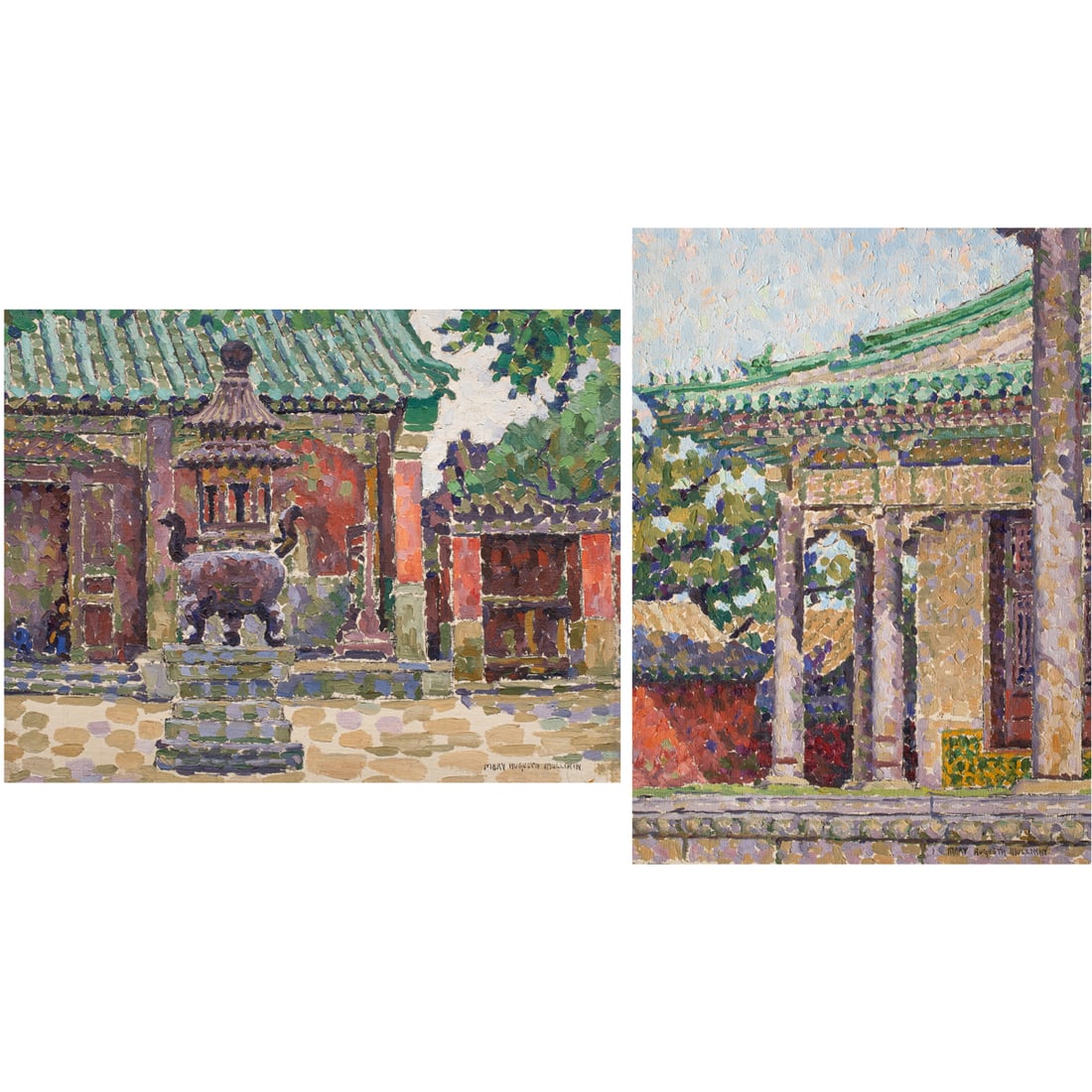 Paintings, Mary Augusta Mullikin: (lot of 2) Mary Augusta Mullikin (American, 1874-1964), Pagoda Scenes, oils on canvas affixed to board, each signed lower right, board: 10.5"h x 13.5"w/13.5"h x 10.5"w, overall (with frame): 13.5"h x 