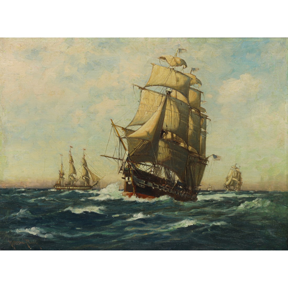 Painting, F. Myron Mark: C. Myron Clark (American, 1858-1925), U.S.S. Constitution Rounding Marble Head, oil on canvas, signed lower left, canvas: 18"h x 24"w, overall (with frame): 26.75"h x 32.75"w