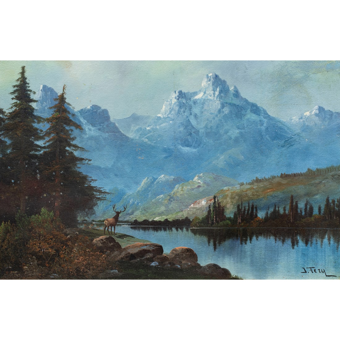 Painting, John Fery: John Fery (American, 1859-1934), Untitled (Stag by a Mountain Lake), oil on board, signed lower right, board: 15"h x 23.5"w, overall (with frame): 18.5"h x 27"w