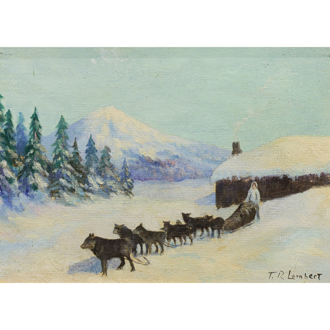 Painting, Theodore Roosevelt Lambert: Theodore Roosevelt Lambert (American, 1905-1960), Untitled (Dog Sled Preparing for a Run), oil on canvas board, signed lower right, board: 8.75"h x 11.88"w, overall (with frame): 13.25"h x 16.75"w