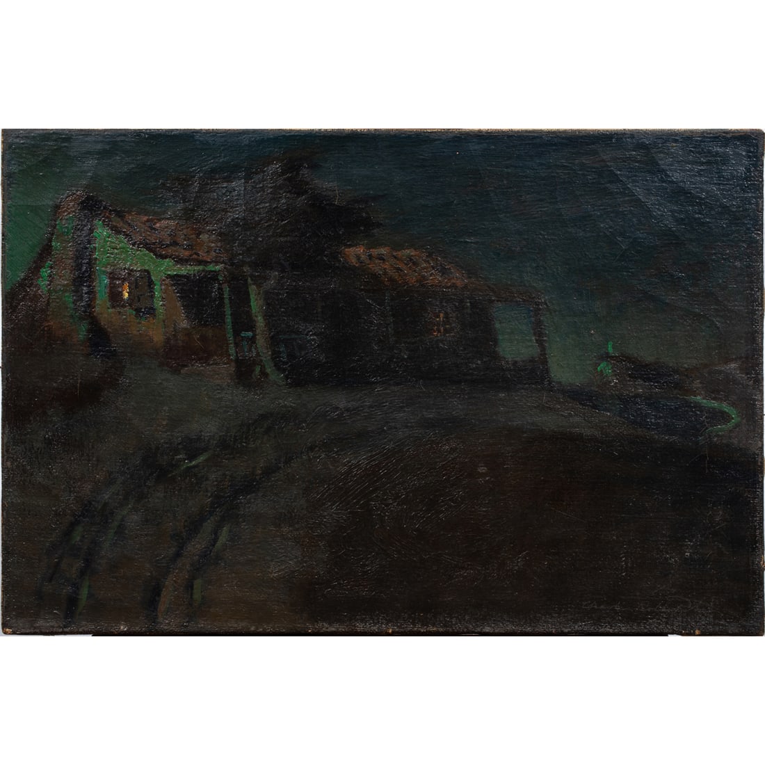 Painting, Charles Rollo Peters: Charles Rollo Peters (American, 1862-1928), Adobe Nocturnal Scene with Lighthouse in the Distance, oil on canvas, signed lower right, canvas (unframed): 16.25"h x 24.25"w. Provenance: Purchased from t