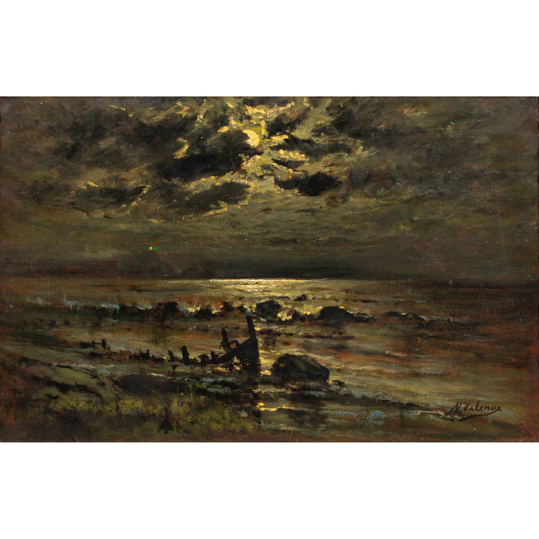 Painting, Manuel Valencia: Manuel Valencia (American, 1856-1935), Untitled (Moonlight on the Coast), oil on canvas, signed lower right, canvas: 20"h x 30"w, overall (with frame): 24.25"h x 34.5"w