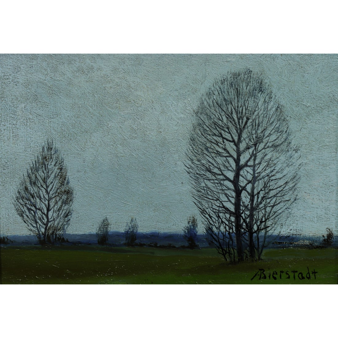 Painting, Albert Bierstadt: Albert Bierstadt (American/German, 1830-1902), Untitled (Study of Trees), oil on canvas board, signed lower right, board: 4"h x 6"w, overall (with frame): 10.5"h x 12.25"w