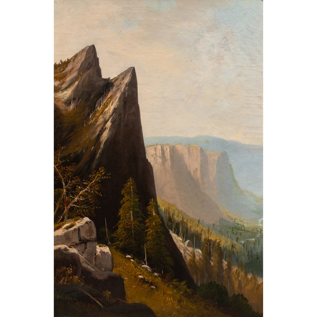 Painting, Frederick Schafer: Frederick Schafer (American, 1839-1927), "Union Point View, Yosemite," oil on canvas, signed lower left and titled verso, canvas: 30"h x 20"w, overall (with frame): 38"h x 27.5"w