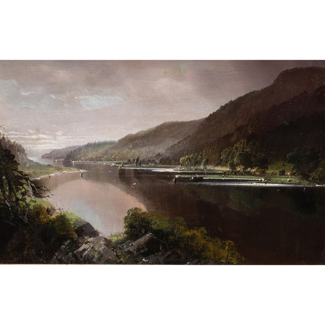 Painting, Fearnleigh Leonard Montague: Fearnleigh Leonard Montague (American, 1835-1892), "Toward Evening on the Napa River, Napa Valley, California," 1887, oil on canvas, signed, titled, and dated verso, canvas: 14"h x 22"w, overall (with