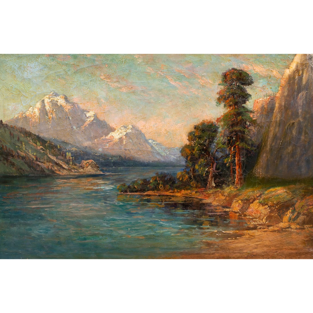 Painting, E. Spriy: E. Spriy (American, 1847-1909), Untitled (Mountain Lake, Sierra Nevada), oil on canvas, signed lower right, signed verso, canvas: 20"h x 30.25"w, overall (with frame): 28.5"h x 38.5"w