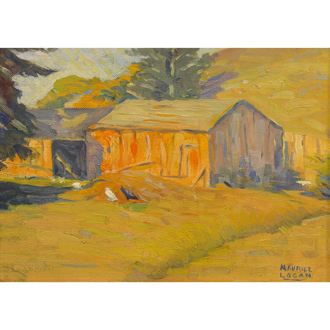 Painting, Maurice Logan: Maurice Logan (American, 1886-1977), Study - Sunlight on the Old Barn, oil on canvas, signed lower right, canvas: 12"h x 16"w, overall (with frame): 17.5"h x 21.75"w