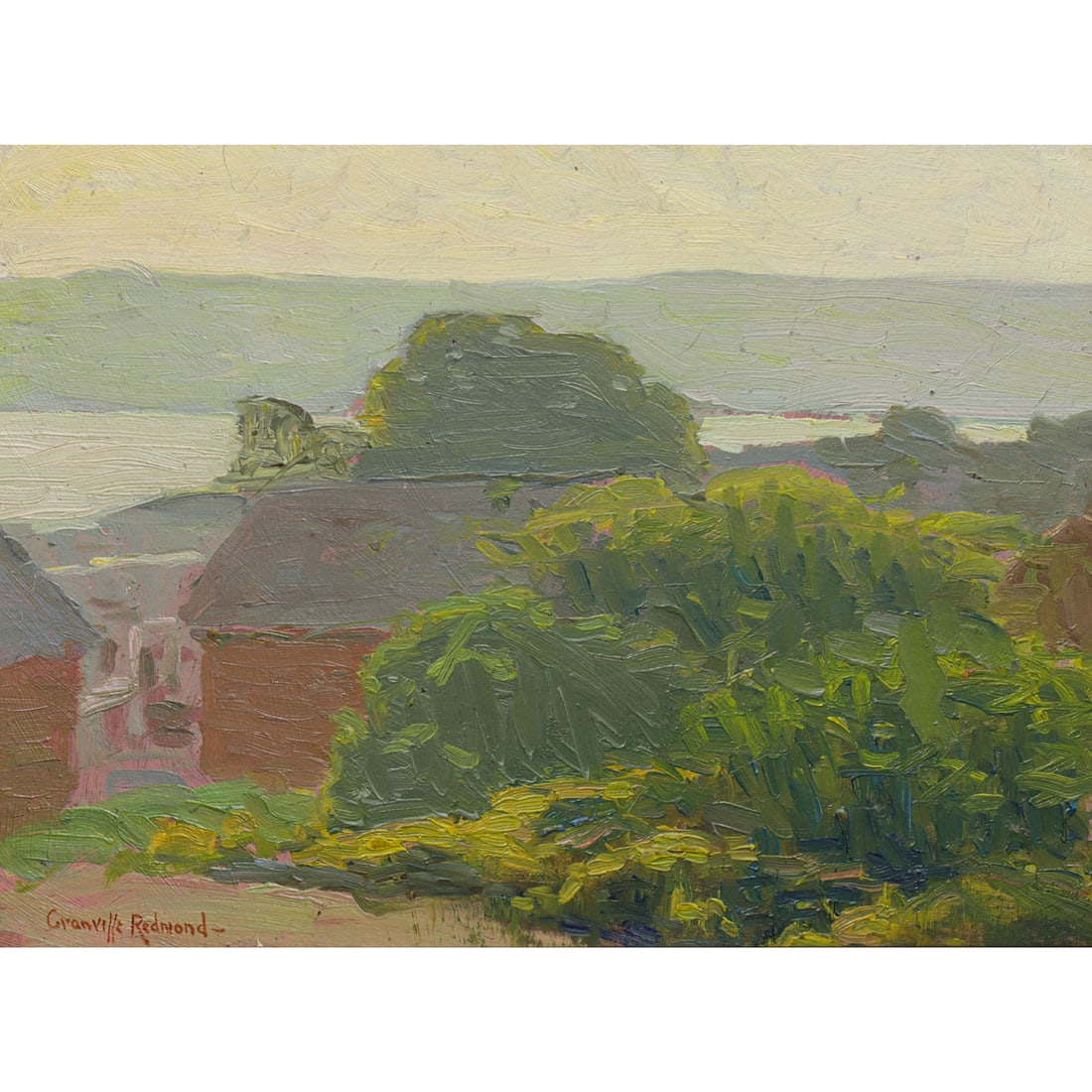 Painting, Granville Redmond: Granville Redmond (American, 1871-1935), Untitled (View from Tiburon), oil on board, signed lower left, board: 10"h x 12.75"w, overall (with frame): 15.5"h x 18.5"w