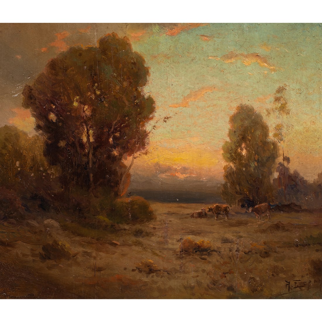 Painting, Angel de Service Espoy: Angel de Service Espoy (Spanish/American, 1879-1963), Untitled (Evening Landscape), oil on board, signed lower right, board: 13"h x 13.5"w, overall (with frame): 17"h x 19"w