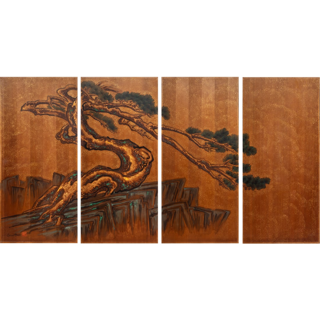 Mural, Chiura Obata: (lot of 4) Chiura Obata (Japanese/American, 1885-1975), Monterey Cypress, four-panel wall mural, signed lower left of far left panel, three panels: 82"h x 38"w, one panel: 82"h x 37.25"w overall: