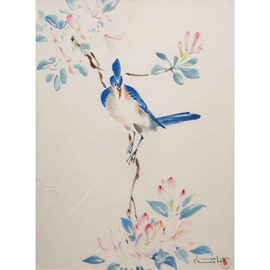Watercolor, Chiura Obata: Chiura Obata (Japanese/American, 1885-1975), Bluebird, watercolor, signed lower right, sight: 20.75"h x 15.5"w, overall (with frame): 29"h x 23"w