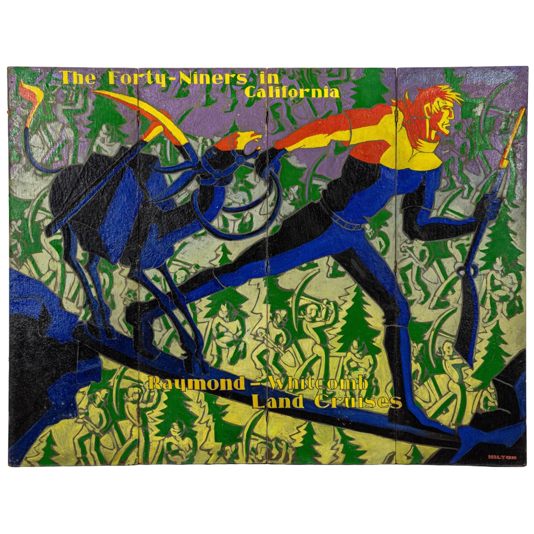 Screen, John William Hilton: John William Hilton (American, 1904-1983), "The Forty-Niners in California," oil on four (4) panel screen (masonite with stretcher bars), signed lower right, overall: 65"h x 84"w. Note: This work was