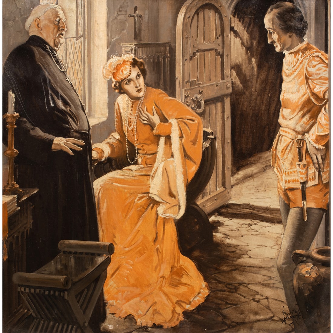 Painting, Marshall Mayer Samuel Frantz: Marshall Mayer Samuel Frantz (American, 1890-1953), Illustration for the Film "The Adventures of Robin Hood" (Olivia de Havilland, Basil Rathbone, Eugene Pallette), 1938, oil on canvas, signed lower