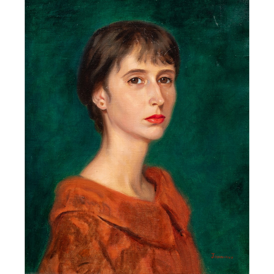 Painting, Alfred Jonniaux: Alfred Jonniaux (Belgian, 1882-1974), Young Woman in Orange, oil on canvas, signed lower right, canvas: 18"h x 15"w, overall (with frame): 23"h x 19.75"w