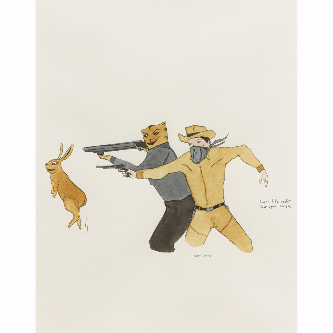Work on paper, Marcel Dzama: Marcel Dzama (Canadian, b. 1974), Untitled (Looks like Rabbit Soup...), ink and watercolor on paper, signed lower right, sight: 11"h x 8"w, overall (with frame): 19.5"h x 17"w