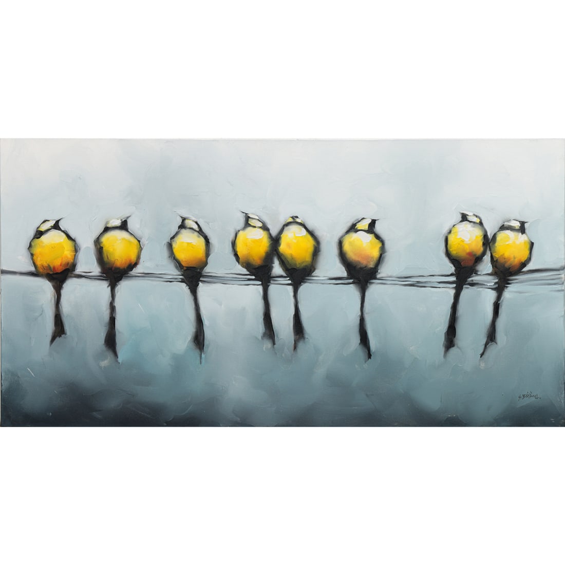 Painting, Harold Braul: Harold Braul (Canadian, b. 1960), Untitled (Yellow Birds on a Wire), 2011, oil on canvas, signed lower right, dated verso, canvas (unframed): 24"h x 48"w