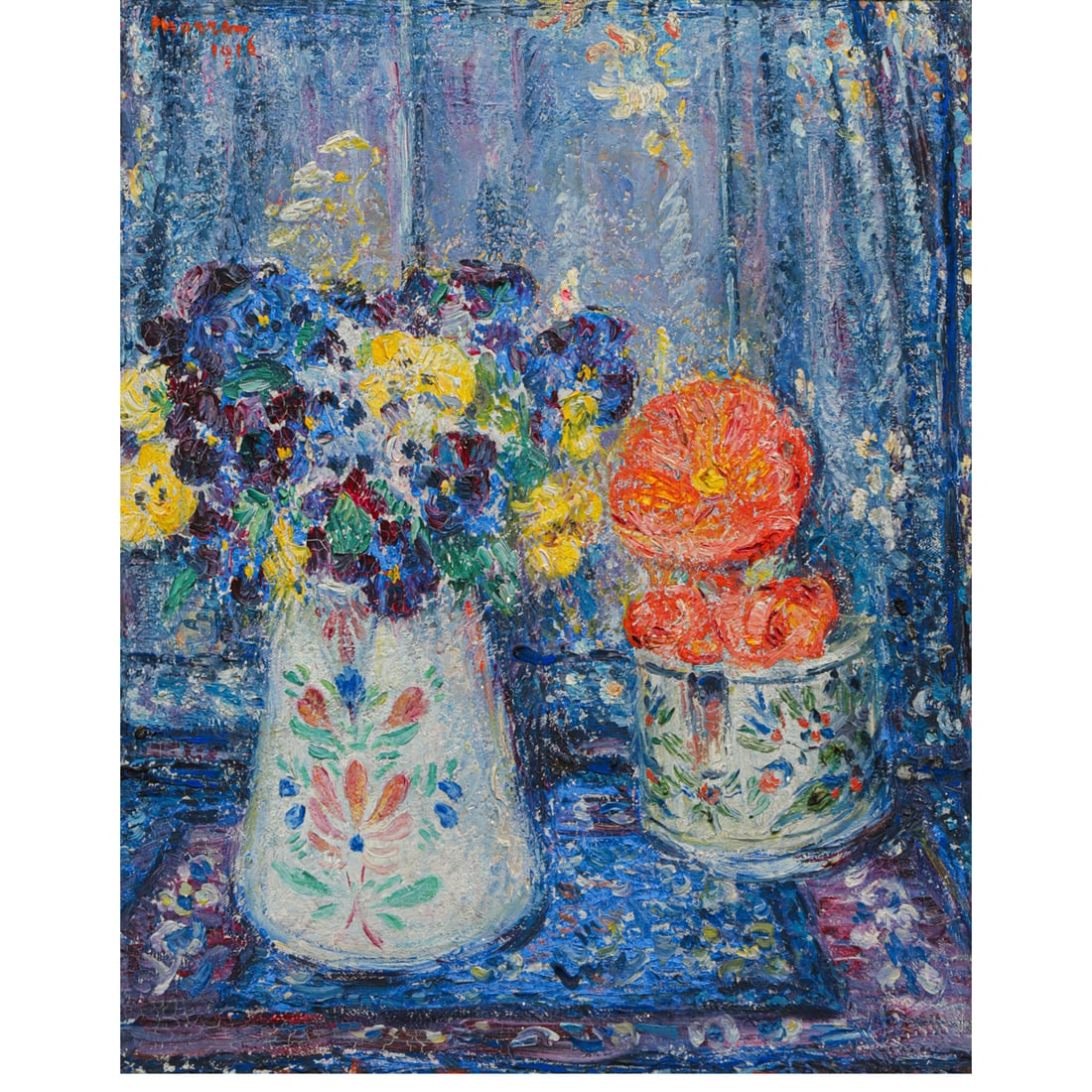 Painting, Georges Morren: George Morren (Belgian, 1868-1941), "Still life with Pansies," 1916, oil on canvas, signed and dated upper left, canvas: 20"h x 16"w, overall (with frame): 27.5"h x 23.25"w. Provenance: Park Bernet, L
