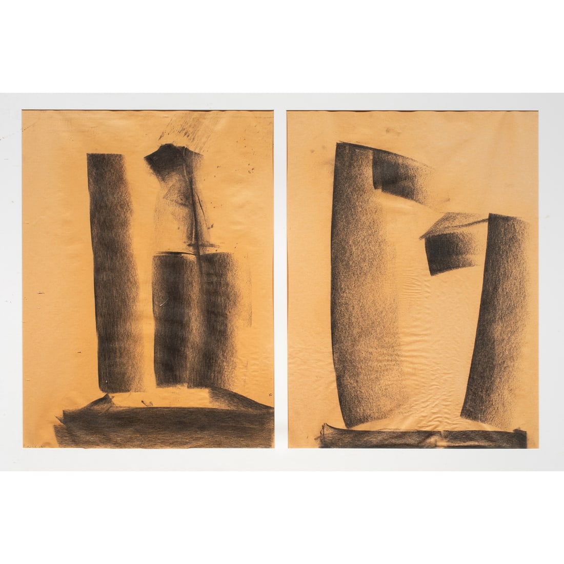 Work on paper, Alain Kirili: Alain Kirili (French, b. 1946), Unknown (Abstract in Two Parts), c. 1985, charcoal on paper, each sight: 23"h x 17.25"w, overall (framed together): 31"h x 43.25"w