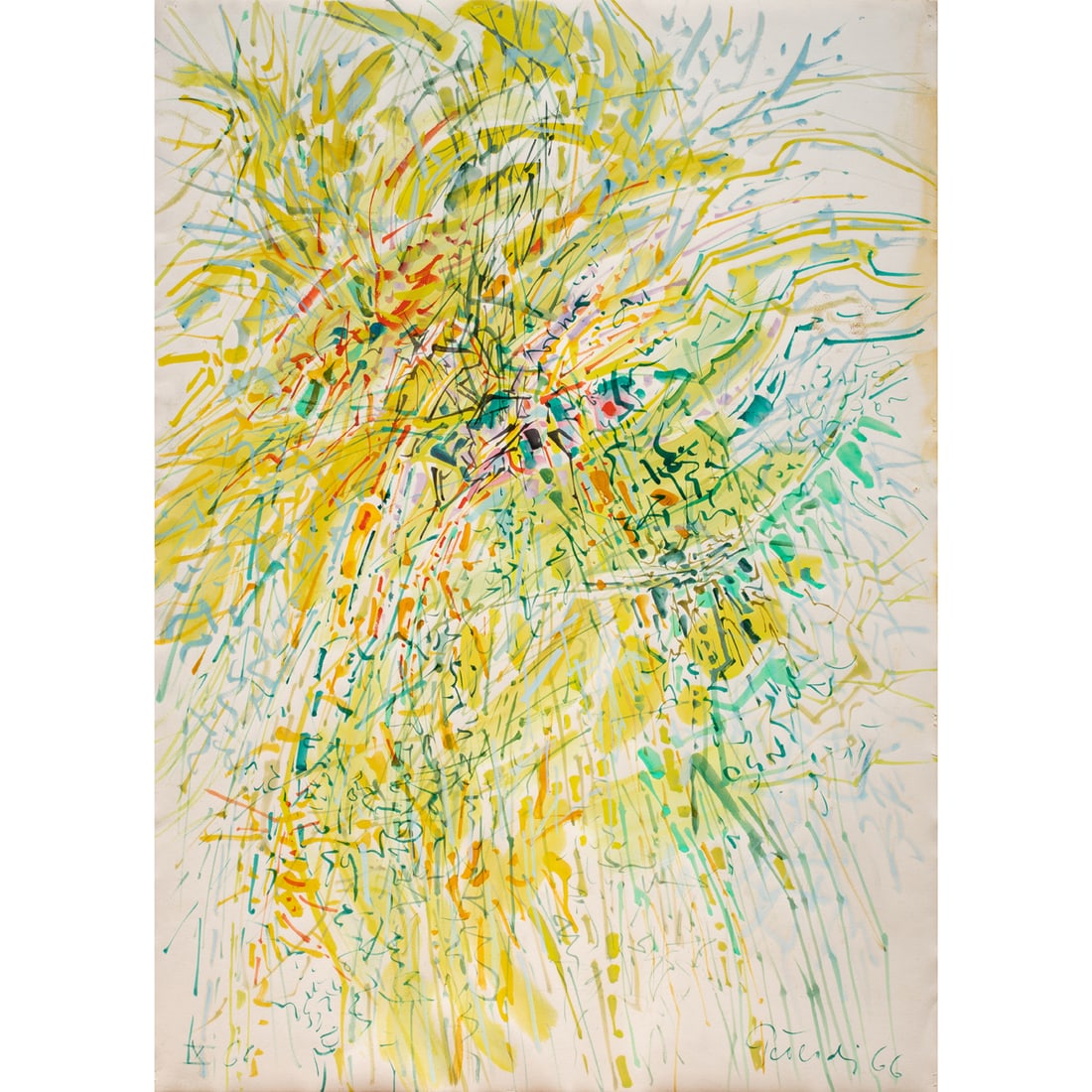 Watercolor, Gabor Peterdi: Gabor Peterdi (Hungarian/American, 1915-2001), "X", 1966, watercolor, signed and dated lower right and titled and dated lower left, sheet: 42.25"h x 30"w, overall (with frame): 46.25"h x 34.24"w