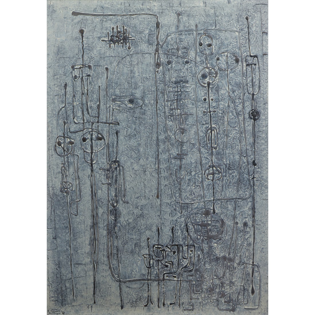 Painting, Yiannis Maltezos: Yiannis Maltezos (Greek, 1915-1987), Untitled, mixed media on canvas, signed lower left, handwritten labels affixed verso, canvas: 55"h x 39.5"w, overall (with frame): 56"h x 40.5"w