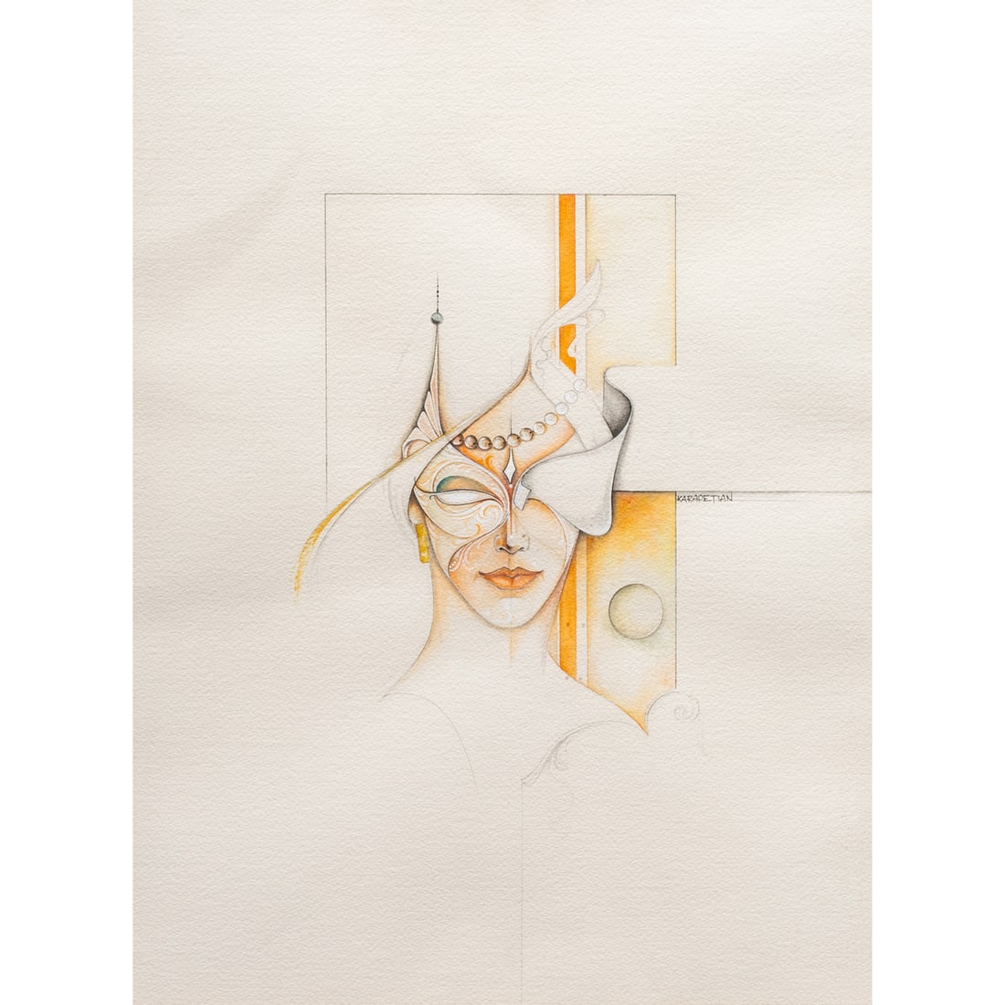 Work on paper, Herach Karapetian: Herach Karapetian (Iranian/Armenian, 1943-2006), Portrait of a Young Woman, watercolor and charcoal on paper, signed center right, sight: 23.5"h x 17.5"w, overall (with frame): 30.25"h x 24.25"w