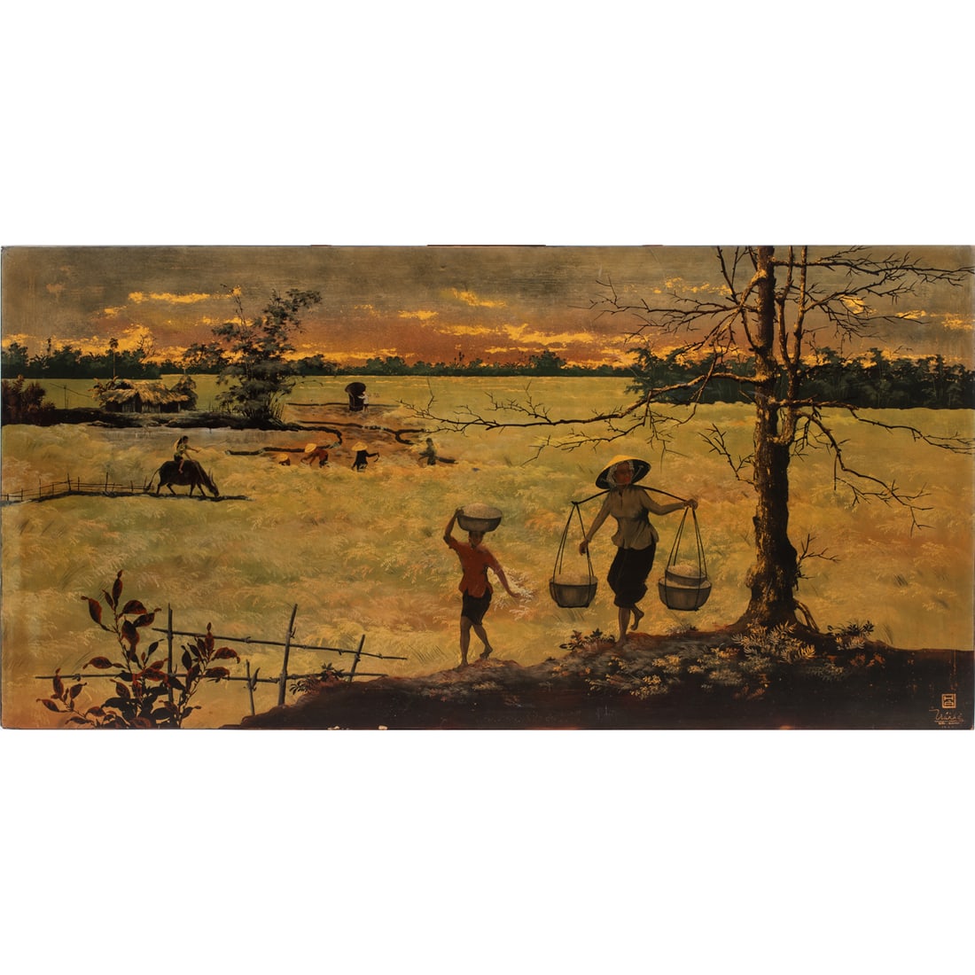 Painting, Van Ha Tran: Van Ha Tran (Vietnamese, 1911-1974), "Rural Landscape in Binh Duong," lacquer on panel, signed/sealed "Tran Ha, Binh Duong, Thu Dau Mot" lower right, panel (unframed): 24"h x 48"w. Note: Tran Van Ha