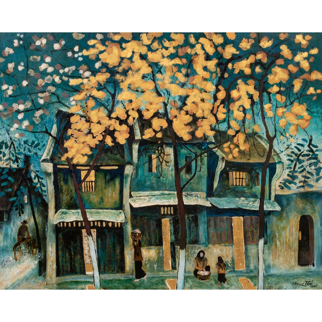 Painting, Nguyen Trinh Thai: Nguyen Trinh Thai (Vietnamese 1941-2020), Untitled (Street Scene), 2001, lacquer on panel, signed and dated lower right, panel: 32"h x 39.25"w, overall (with frame): 44.5"h x 52.25"w. Provenance: