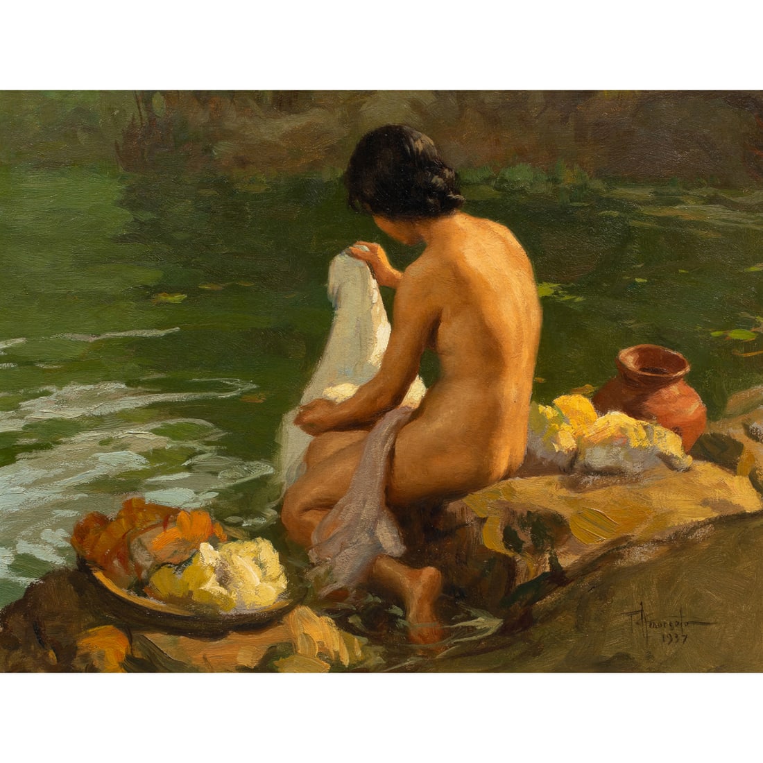 Painting, Fernando Amorsolo: Fernando Cueto Amorsolo (Filipino, 1892-1972), "La Lavandera," 1937, oil on board, signed and dated lower right, board: 13"h x 17"w, overall (with frame): 16"h x 20"w. Provenance: Gifted to owner's gr