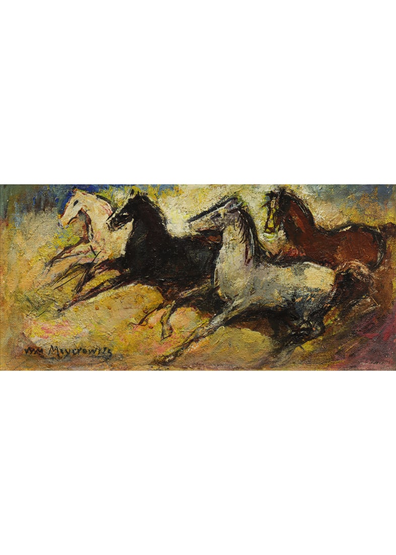 Painting, William Meyerowitz: William Meyerowitz (American, 1887-1981), Untitled (Running Horses), oil on board, signed lower left, sight: 6"h x 12"w, overall (with frame): 13.25"h x 19.25"w