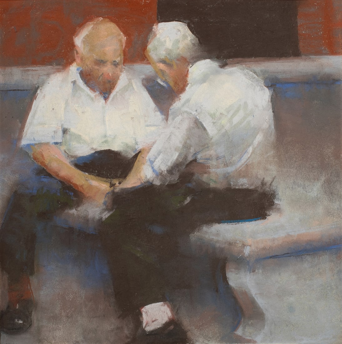 Pastel, Janet Monafo: Janet Monafo (American, b.1940), "Men at Cards," circa 1970, pastel on paper, signed, titled, dated, and inscribed "To Allan: Some Dealers are Really Sweet! Happy Valentines" verso, sight: 14.5"h x