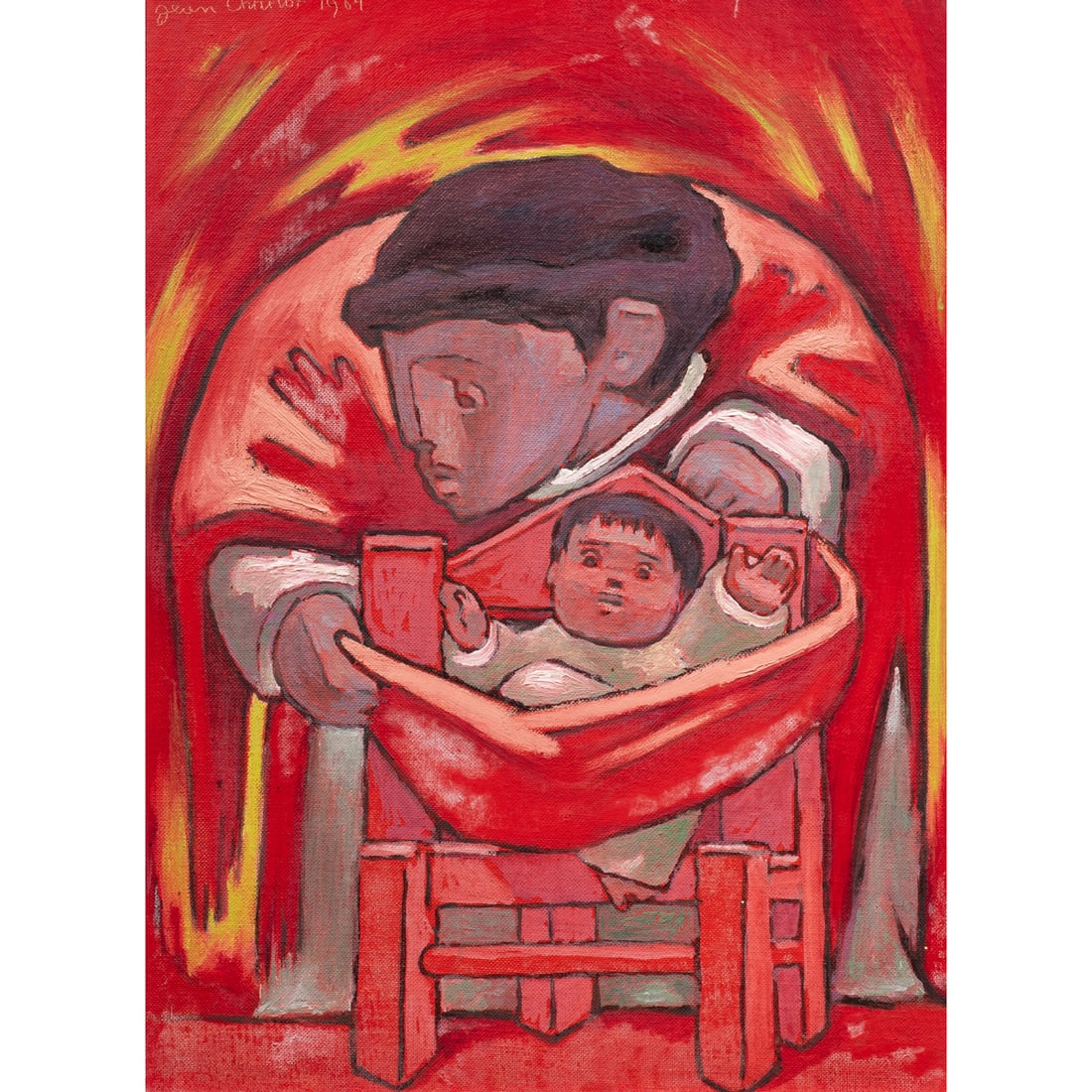 Painting, Jean Charlot: Jean Charlot (American/French, 1898-1979), Mother and Child, 1964, oil on canvas affixed to board in artist's original frame, signed and dated upper left, board: 16"h x 12"w, overall (with frame):