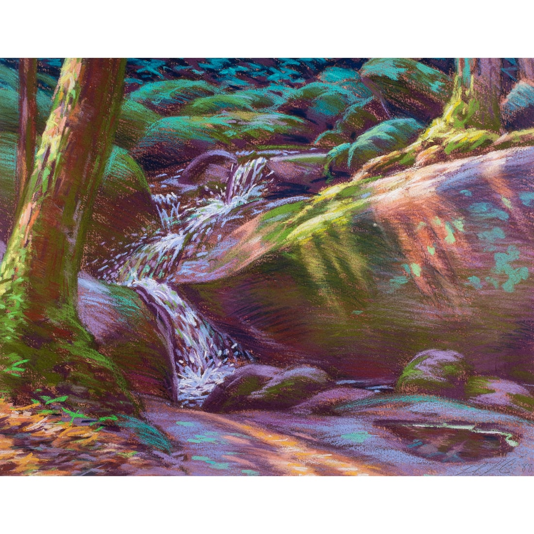Work on paper, Leonard Koscianski: Leonard Koscianski (American, b. 1952), Untitled (Sunlight on the Creek), 1988, pastel on paper, signed and dated lower right, sight: 14.5"h x 18"w, overall (with frame): 22"h x 25.5"w