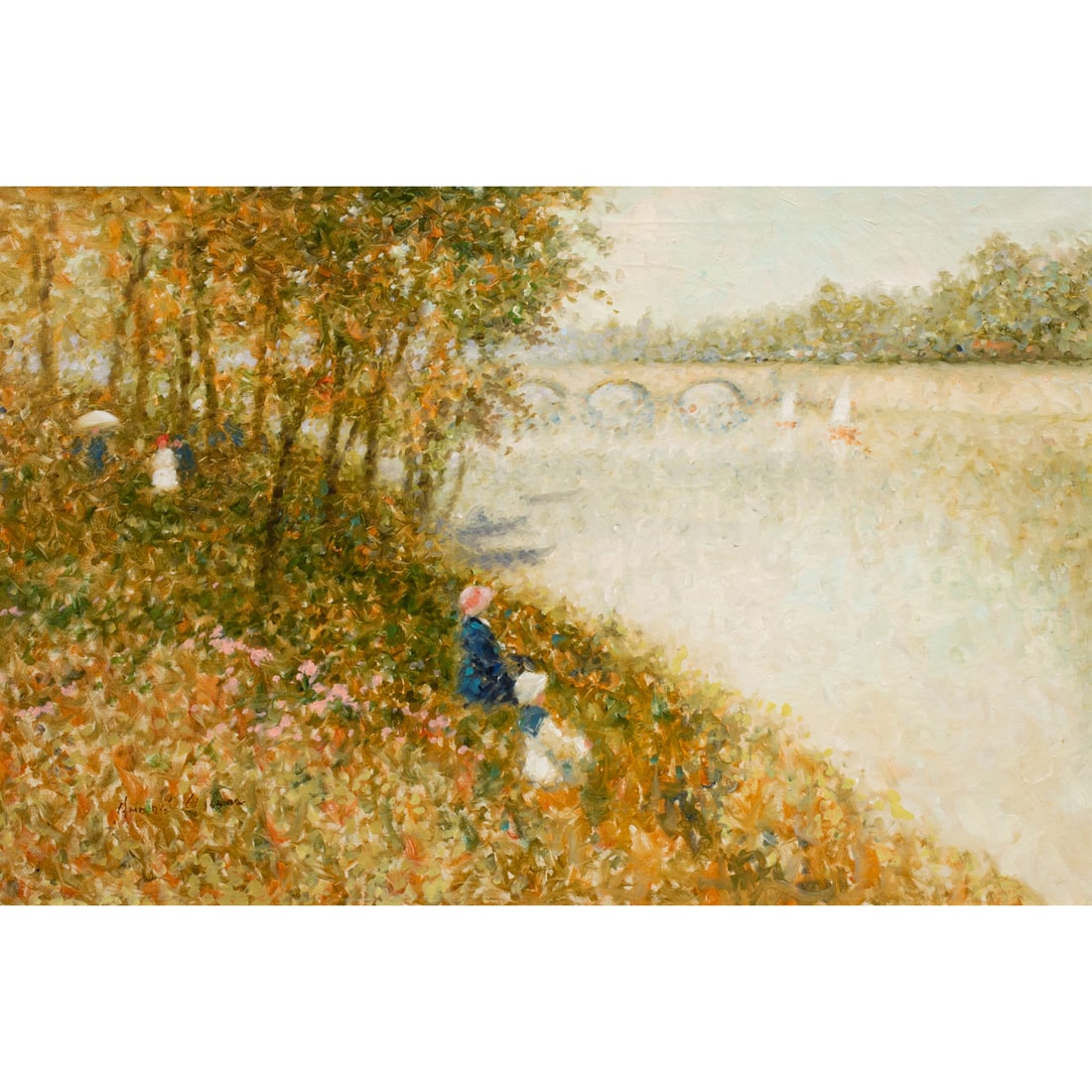 Painting, Andre Gisson: Andre Gisson (American, 1921-2003), "Quiet Day on the River Bank," oil on canvas, signed lower left, canvas: 24"h x 36"w, overall (with frame): 32"h x 44"w