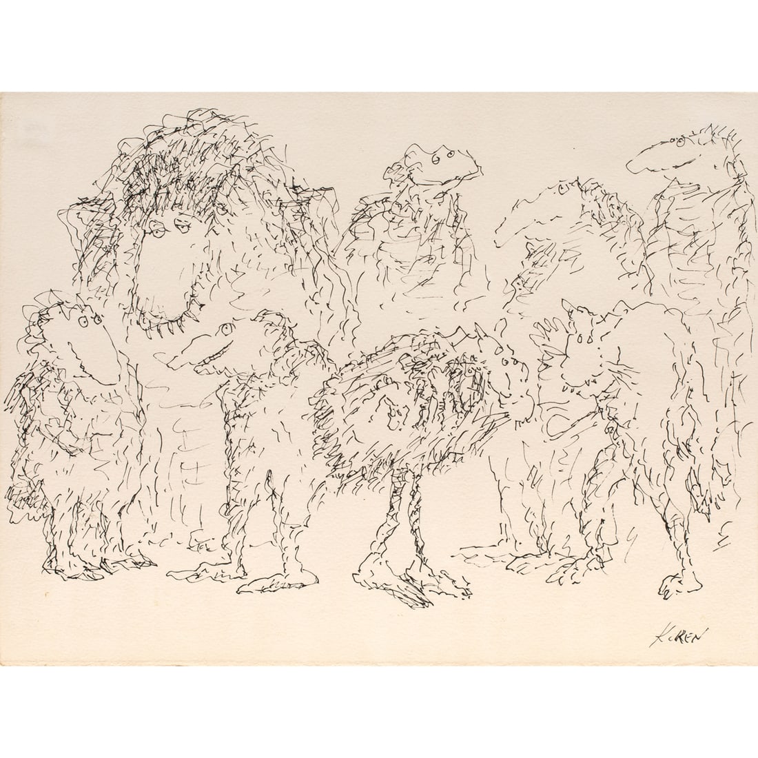 Work on paper, Edward Koren: Edward Koren (American, 1935-2003), Meeting, 1975, ink on paper, signed lower right, gallery label (Terry Dintenfass, Inc., New York, NY) affixed verso, sheet: 11"h x 15.25"w, overall (with frame):