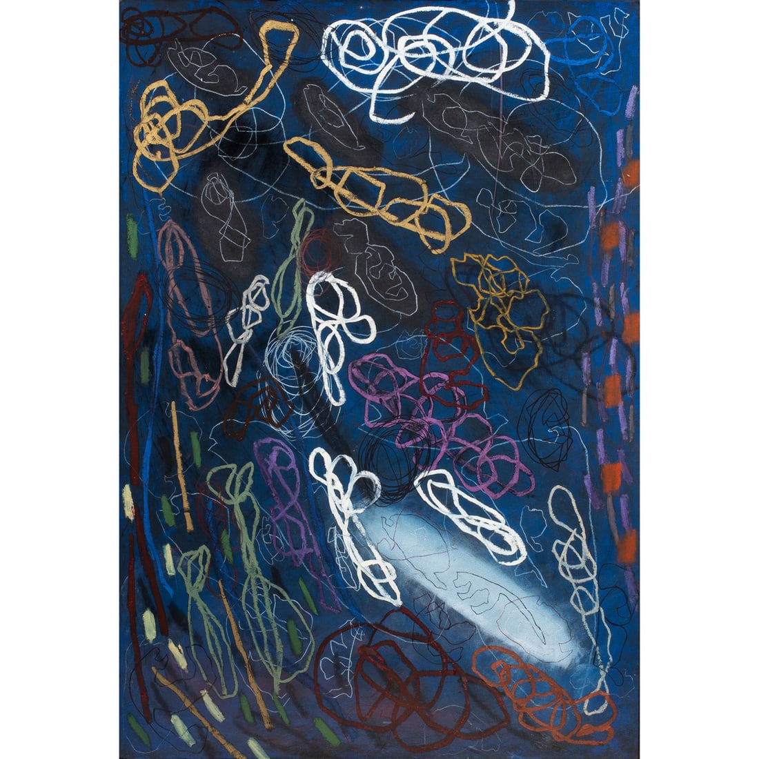 Work on paper, American School (20th/21st century): American School (20th/21st century), Abstract on Blue, pastel on paper, unsigned, sheet: 44"h x 30"w, overall (with frame): 55"h x 40.75"w
