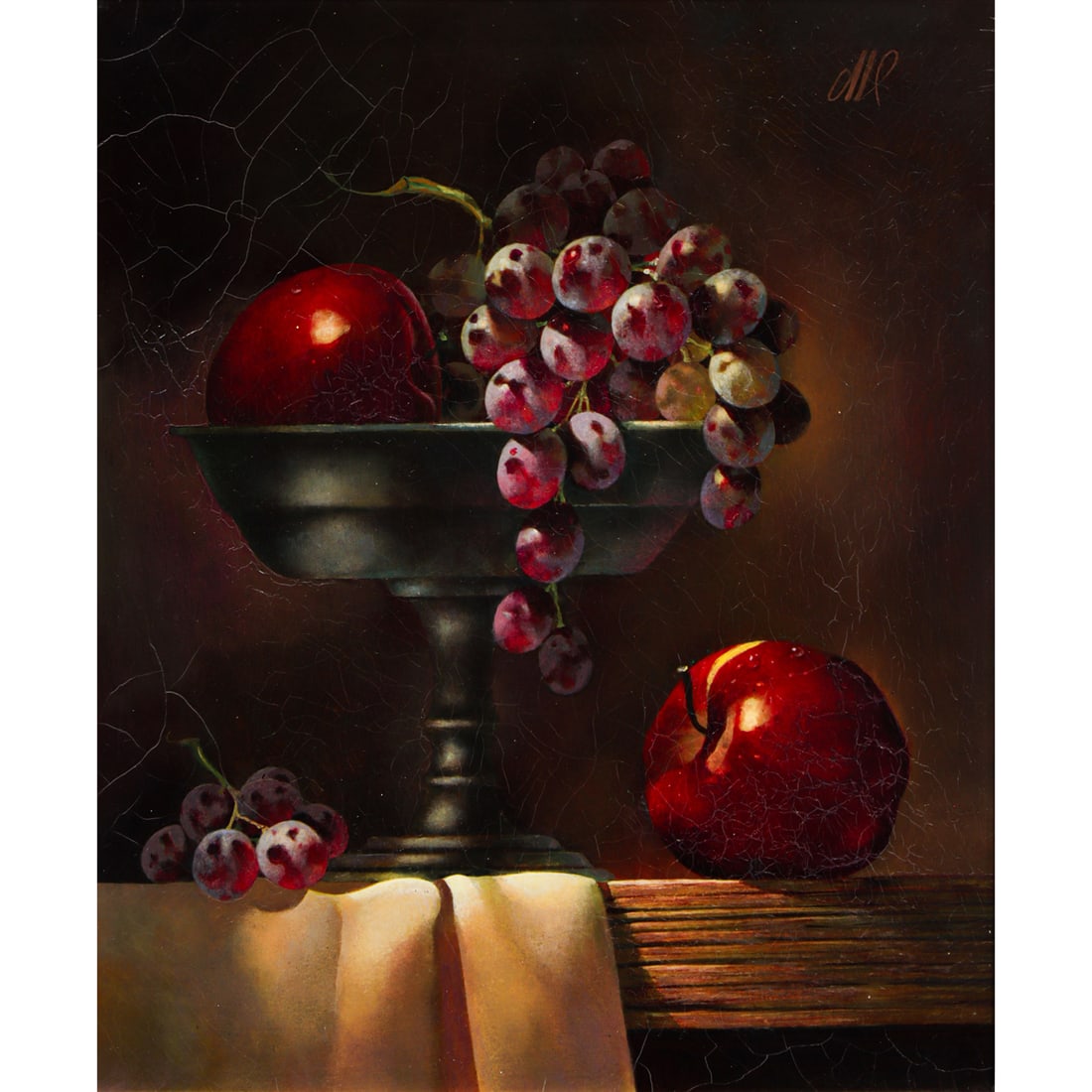 Painting, Anton van Dalen: Anton van Dalen (American, 1938-2024), Still Life with Apples and Grapes, circa 1960, oil on canvas, monogrammed upper right, exhibition label (Fine Arts Museums of San Francisco) affixed verso,