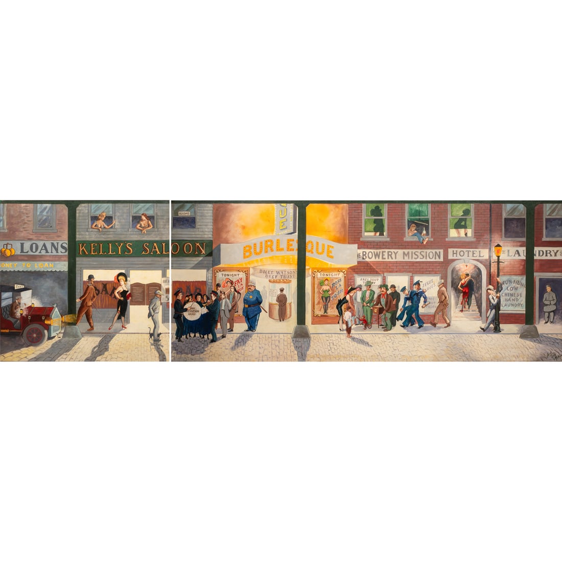 Painting Diptych, Russell Dale Moffett: (lot of 2) Russell Dale Moffett (American, 1899-1984), "Bowery, San Diego," circa 1942, oil on board diptych, signed lower right to right board, first overall (with frame): 41.75"h x 43.75"w, second