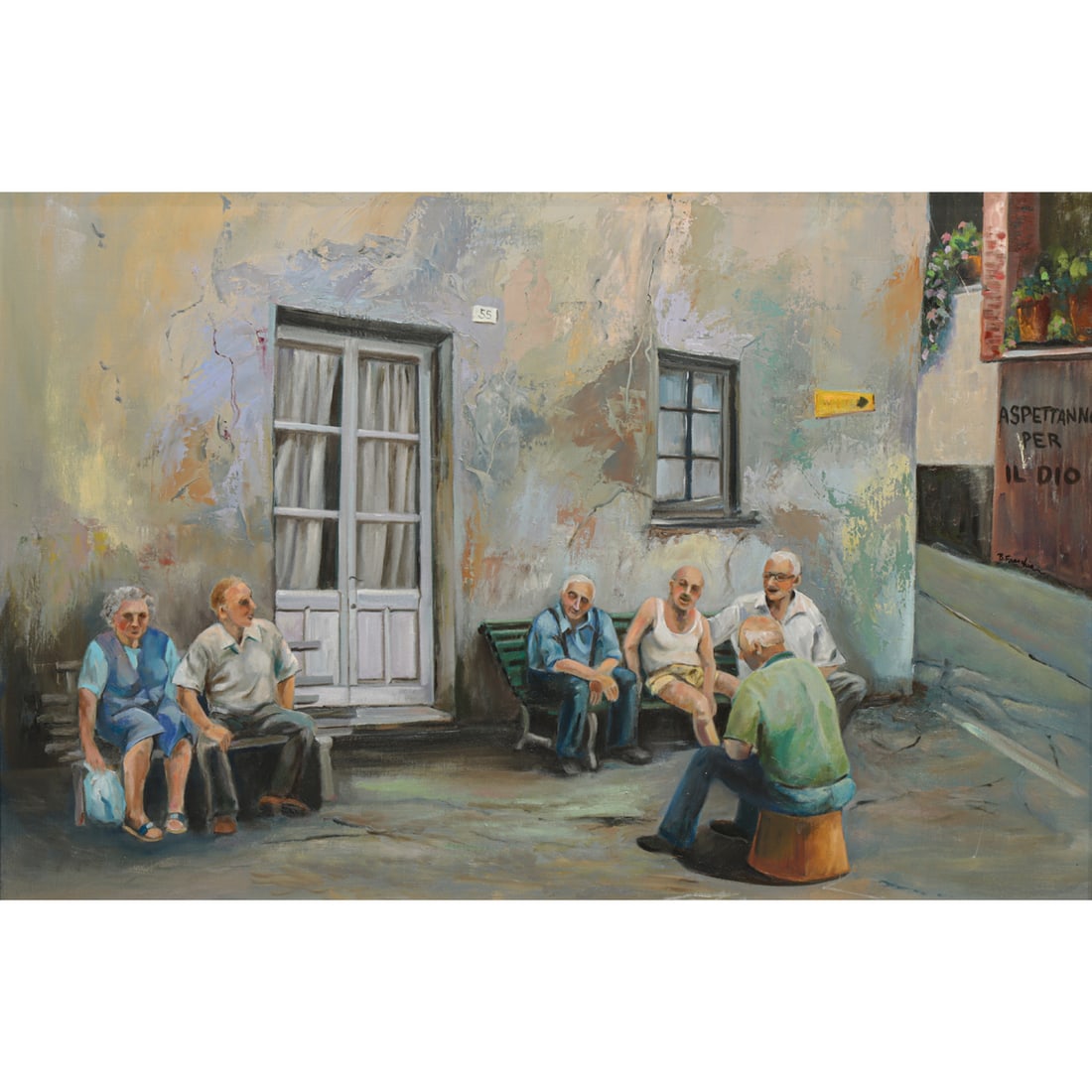 Painting, Barbara Fracchia: Barbara Fracchia (American, 20th/21st century), "Waiting for Godot," oil on canvas, unsigned, canvas: 24"h x 36"w, overall (with frame): 29"h x 41"w