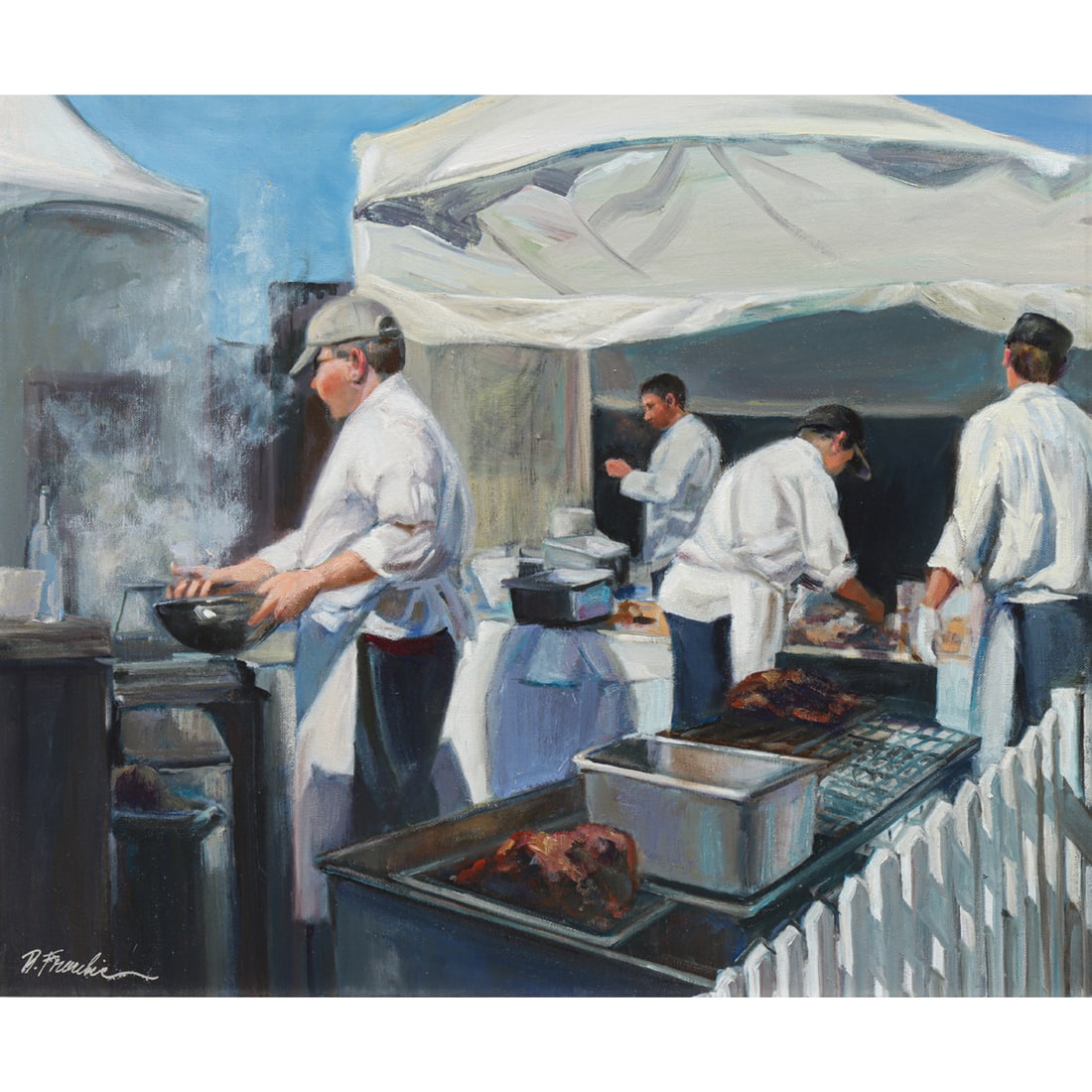 Painting, Barbara Fracchia: Barbara Fracchia (American, 20th/21st century), "The Prep Boys," oil on canvas, signed lower left, canvas: 20"h x 24"w, overall (with frame): 25"h x 28.75"w