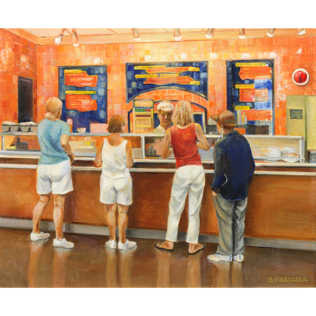 Painting, Barbara Fracchia: Barbara Fracchia (American, 20th/21st century), "WHAT! No Fries?," oil on board, signed lower right, sight: 20"h x 23.75"w, overall (with frame): 24.5"h x 28.25"w