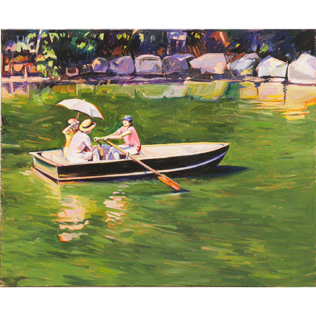 Painting, Miles Herman: Miles Herman (American, 20th/21st century), Boaters, 2010, oil on canvas, signed and dated lower right, canvas (unframed): 20"h x 24"w