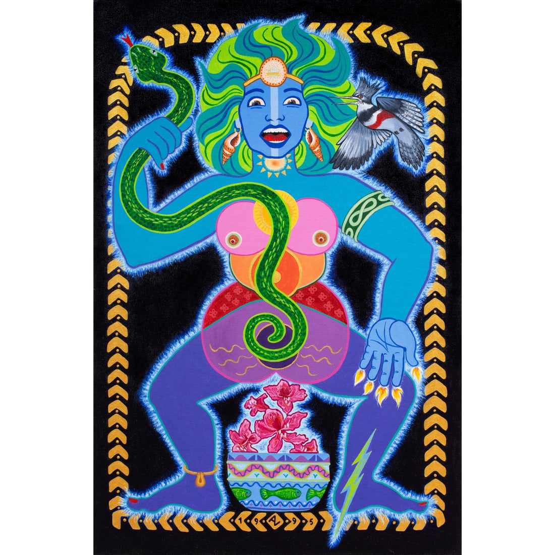 Painting, Anna Conti: Anna Conti (American, 20th/21st century), "Shakti," 1995, acrylic on canvas, monogrammed and dated lower center, signed, titled, and dated verso, canvas (unframed): 36"h x 24"w