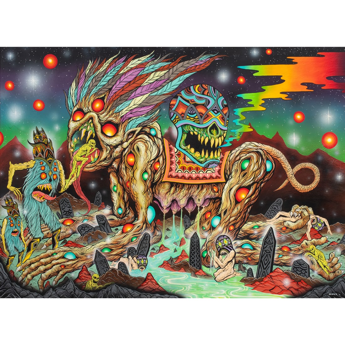 Painting, Skinner: Skinner (American, 21st century), "The Beginning, The End and the Wretched Whole," 2010, cel vinyl, acrylic, airbrush, and ink on wood, signed and dated lower right, exhibition label ("This Fear You M