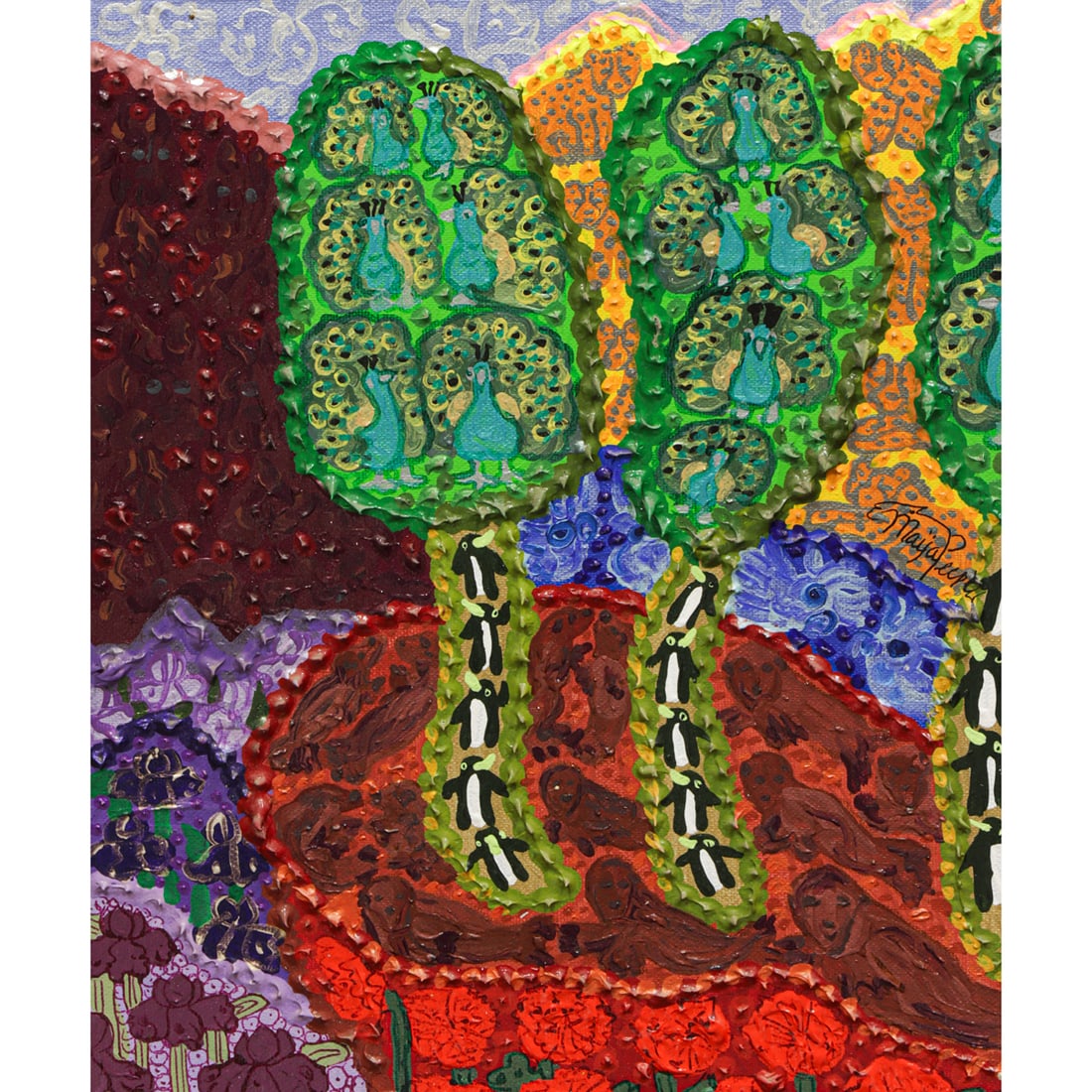 Painting, Maija Peeples-Bright: Maija Peeples-Bright (American, b. 1942), "UniverSEAL Concept," 1990, oil on canvas, signed center right, signed, dated, and titled verso, canvas: 14"h x 11"w, overall (with frame): 14.5"h x 11.5"w