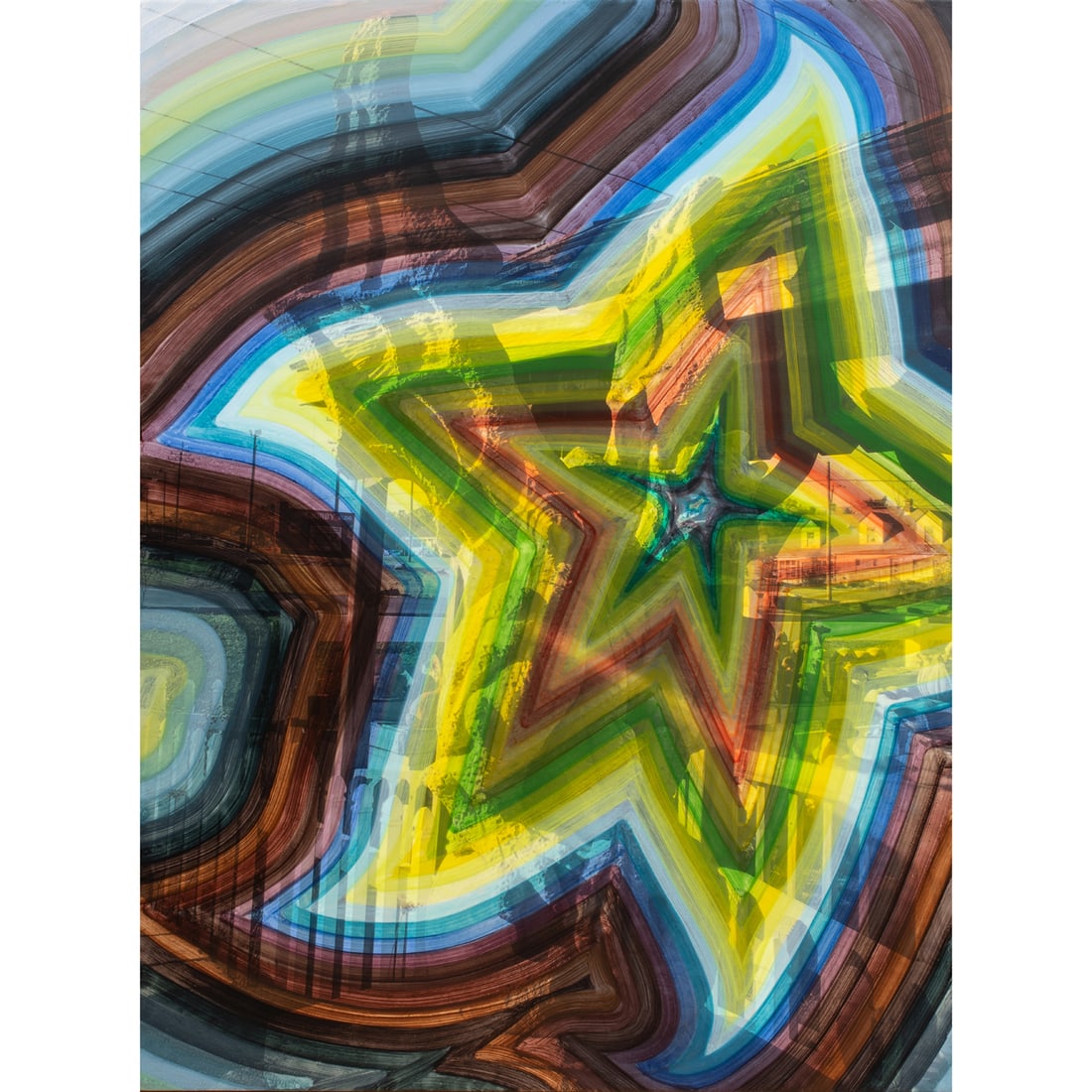 Mixed Media, Ben Quinn: Ben Quinn (American, b. 1991), Untitled (Star), watercolor and PVA on inkjet print affixed to canvas over panel, signed verso, panel: 48"h x 36"w, overall (with frame): 49.25"h x 37.25"w