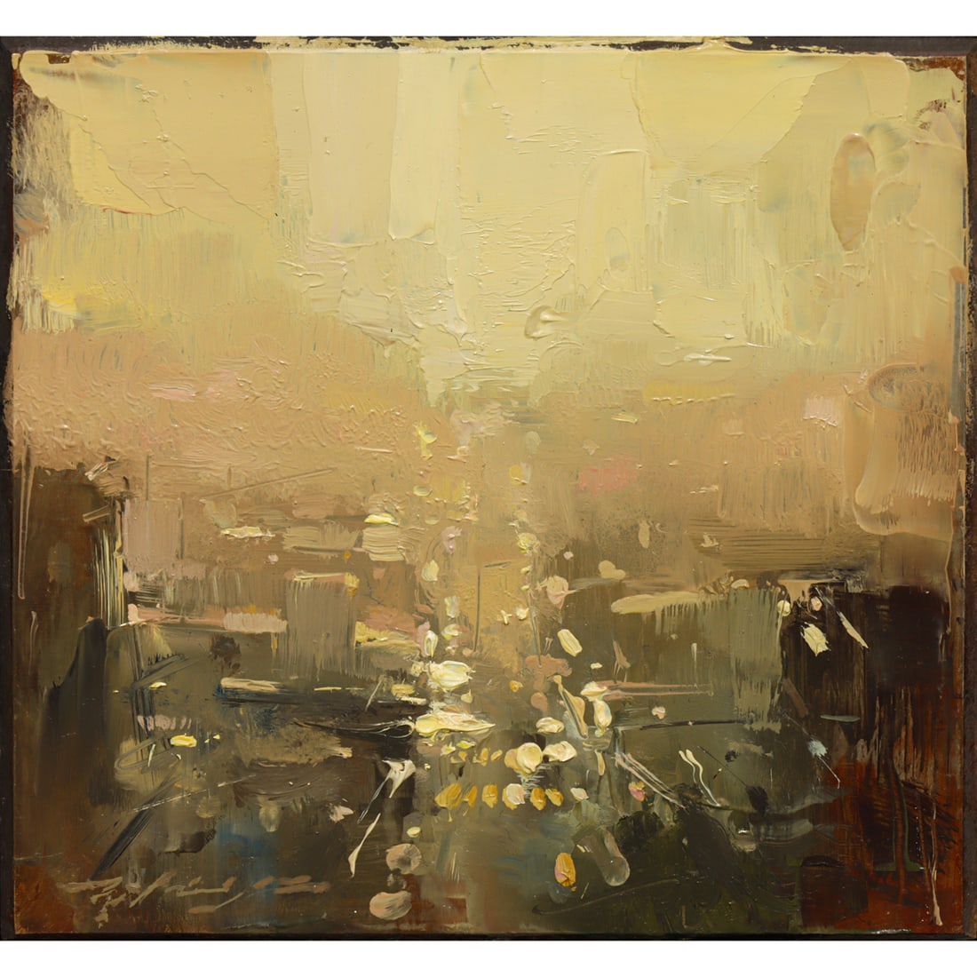 Painting, Hsin-Yao Tseng: Hsin-Yao Tseng (American/Taiwanese), "San Francisco Sunset," oil on board, signed lower left, signed and titled verso, board: 6"h x 6"w, overall (with frame): 8.75"h x 8.75"w