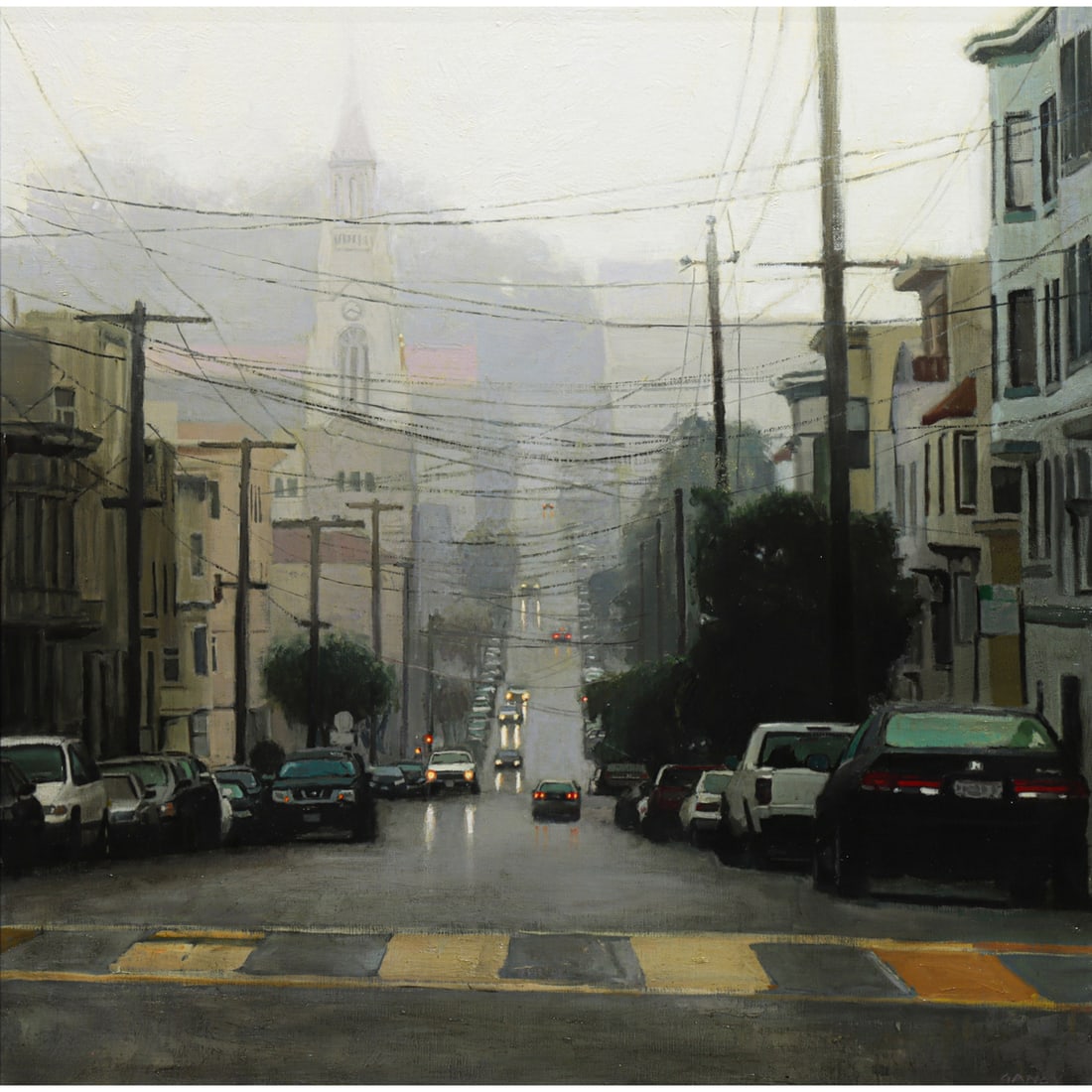 Painting, Greg Gandy: Greg Gandy (American, b. 1980), Rainy Day, North Beach, oil on canvas, signed lower right, sight: 29.5"h x 29.5"w, overall (with frame): 31"h x 31"w