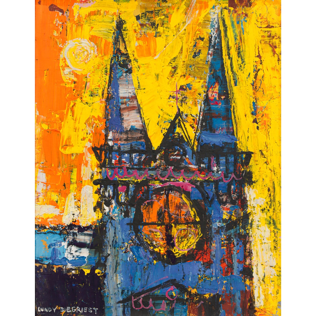 Painting, Lundy Siegriest: Lundy Siegriest (American, 1925-1985), "Church," oil on board, signed lower left, signed verso, titled verso, board: 9"h x 7"w, overall (with frame): 12.5"h x 10.5"w