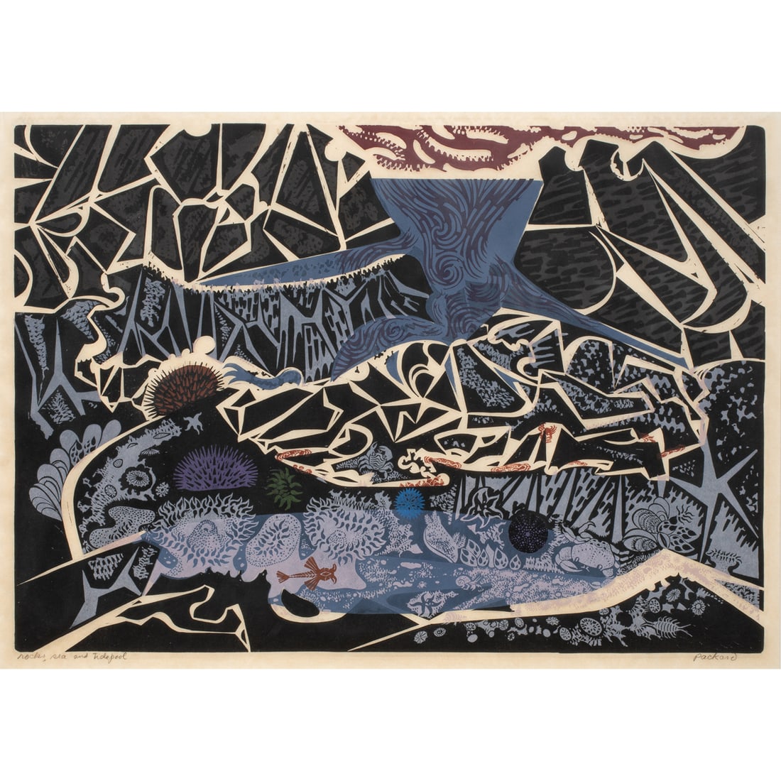 Print, Emmy Lou Packard: Emmy Lou Packard (American, 1914-1998), "Rocks, Sea, and Tidepool (Mendocino Coast)," color woodcut on paper, pencil signed lower right, titled lower left, sight: 23"h x 32.5"w, overall (with frame):