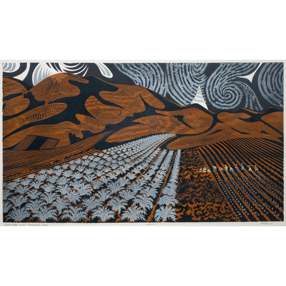 Print, Emmy Lou Packard: Emmy Lou Packard (American, 1914-1998), "Landscape near Half Moon Bay," circa 1950s, hand-colored linocut on japon paper, pencil signed lower right, titled lower left, sight: 21.25"h x 36.75"w,
